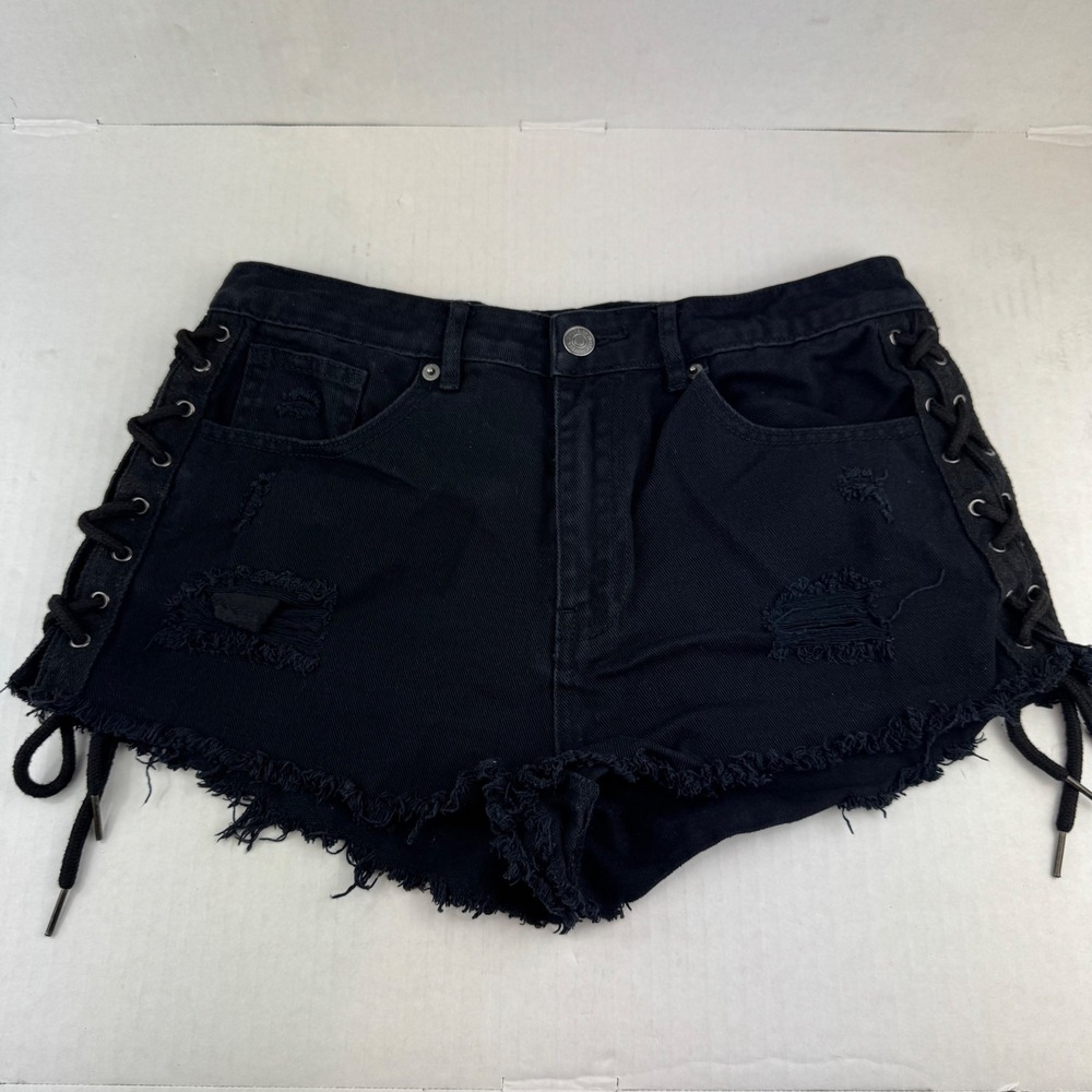 Forever 21 Premium Denim Black Lace Up Side Distressed Jean Shorts Womens 28 - Picture 4 of 10